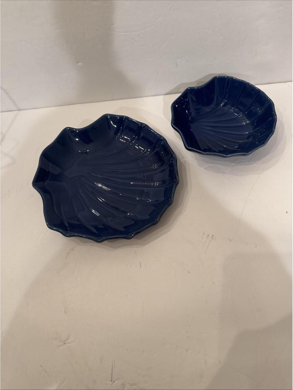 2 Nantucket Home Blue Ceramic Scallop Sea Shell Trinket Decor Jewelry Dish Bowl